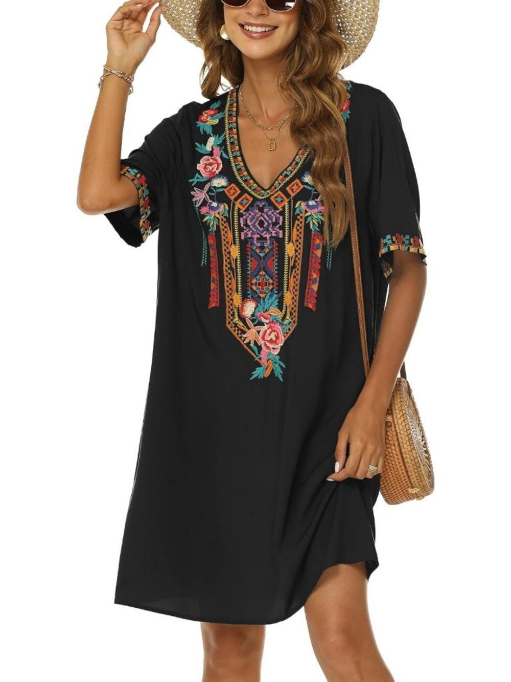 Embroidered Plus Size Mexican Peasant Dress | Boho Floral Tunic for Fiesta